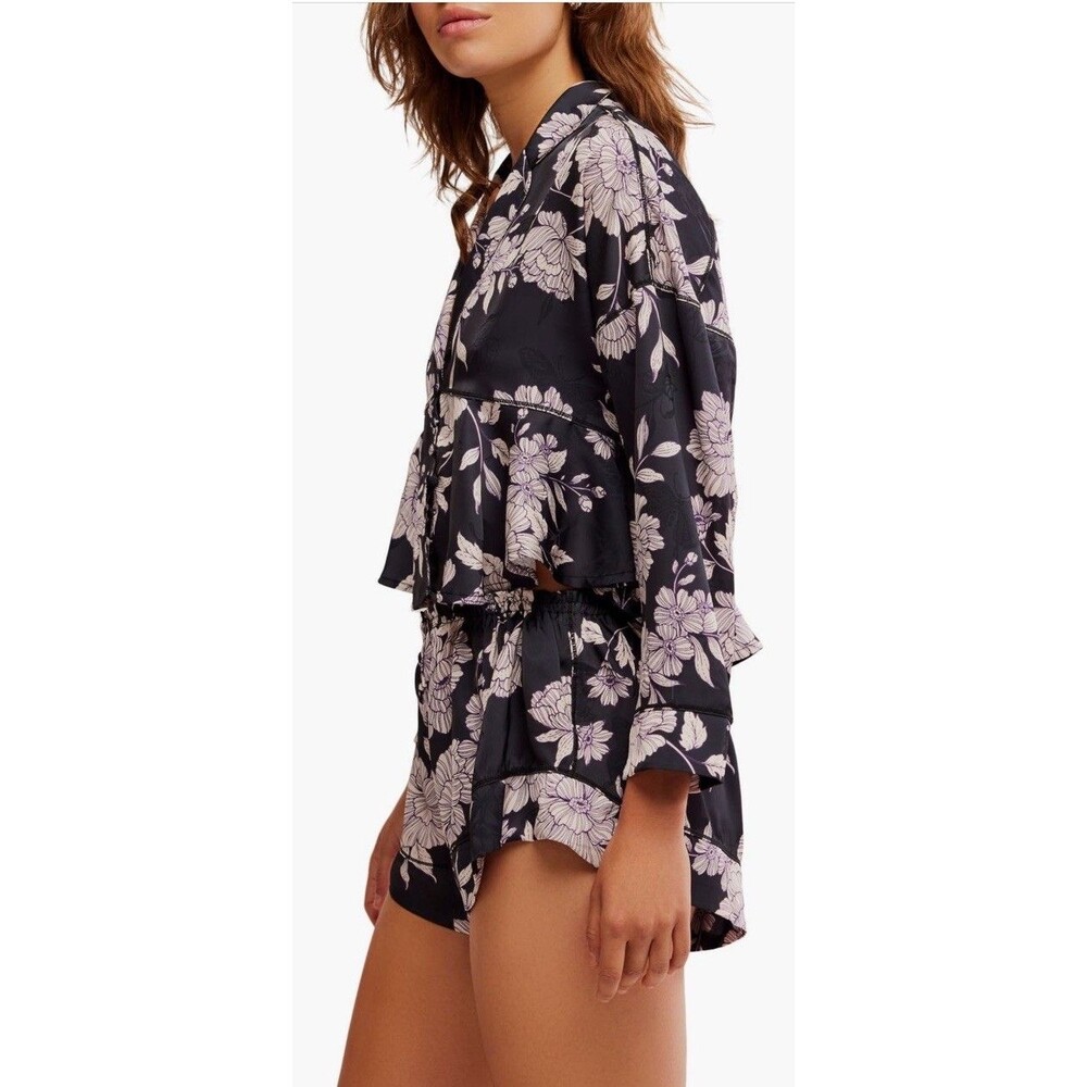 Intimately Free People Beauty sleep Black Floral Bow Print Pajama Top Large - Picture 2 of 10